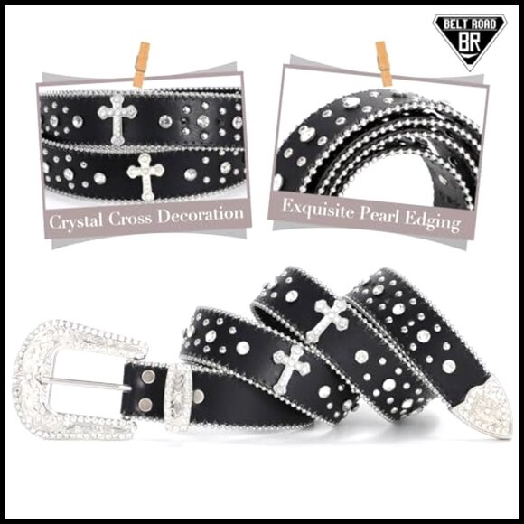 Western Rhinestone Leather Belt Detachable Buckle Cross Design Unisex main image 6